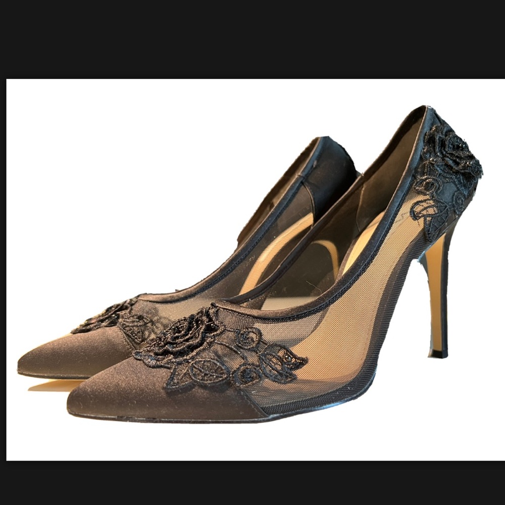 Nina New York Black Lace Mesh Pointed Toe Stilletto Heels